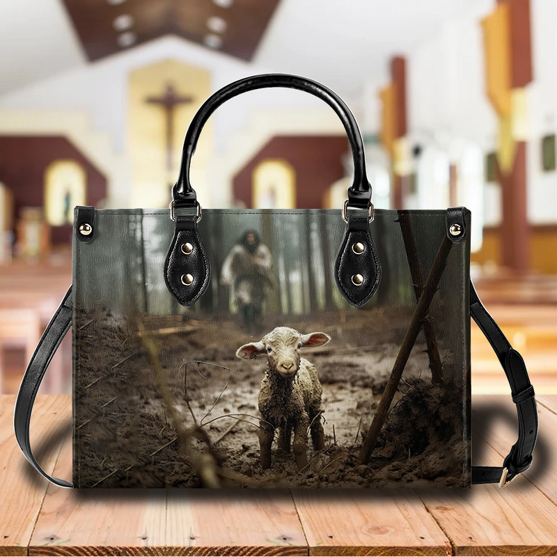 Jesus Runs Toward A Lost Lamb Leather Bag