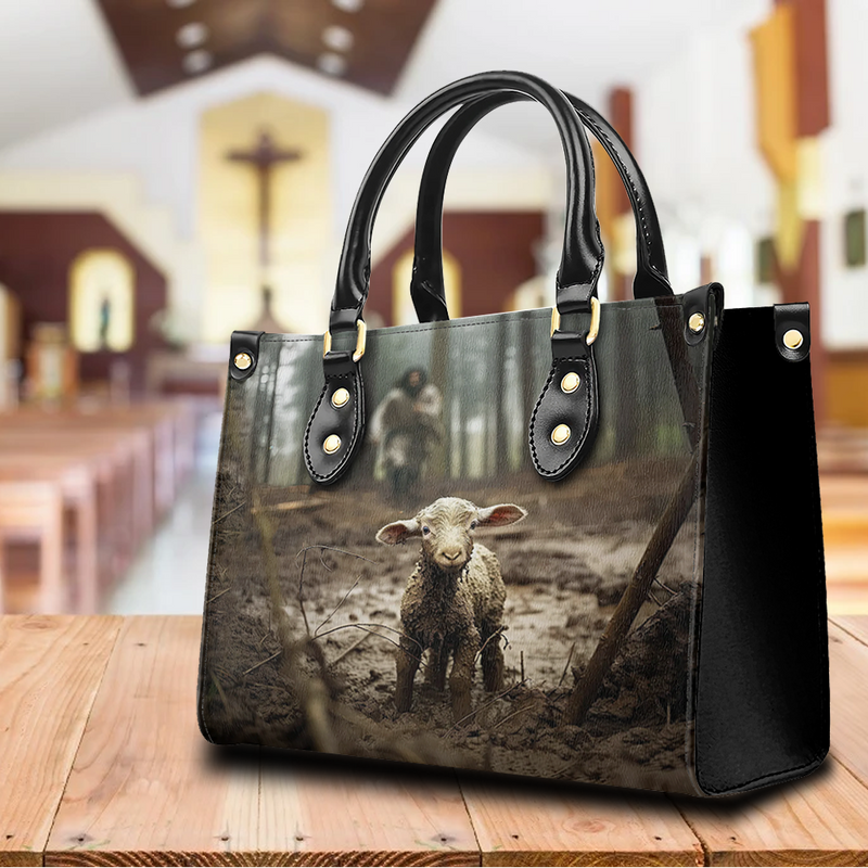 Jesus Runs Toward A Lost Lamb Leather Bag