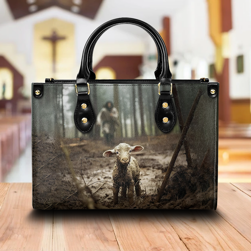 Jesus Runs Toward A Lost Lamb Leather Bag